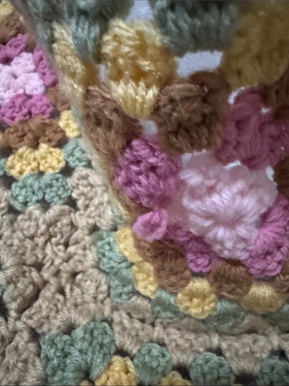 Handmade Blanket-Crocheted Granny Square-Pink/Brown/Green/Yellow-Gently Used - Picture 14 of 17